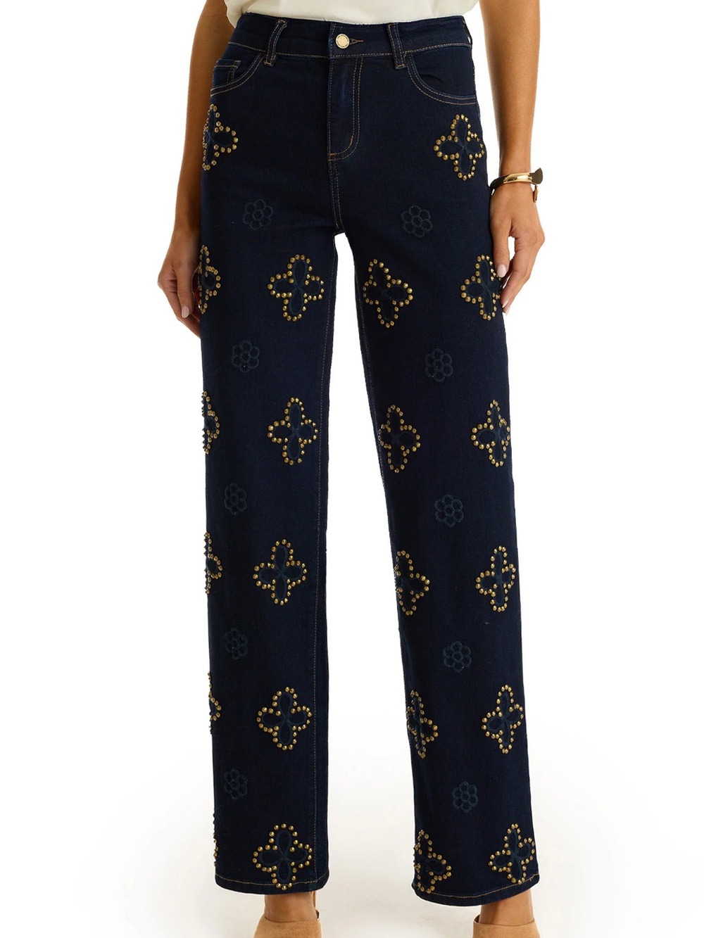 Noli Dark Blue Straight-Leg Jeans with Gold Stud Embellishment